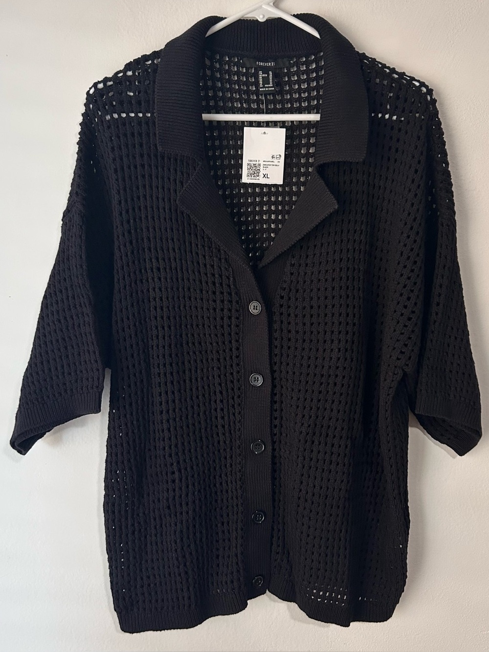 Forever 21 Women’s NWT Black Open Knit Collared Short Sleeve Cardigan Sweater XL